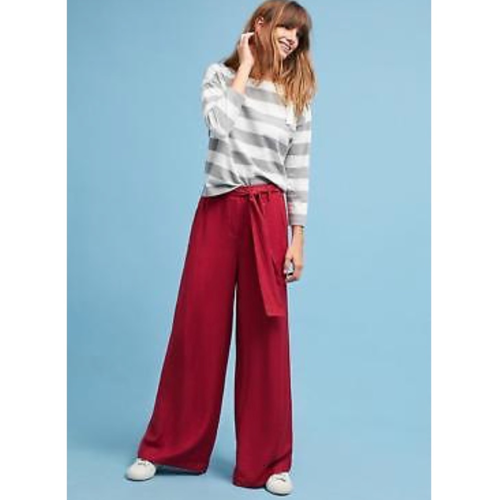 Anthropologie Maeve Red Tie Wasit Wide Leg Pants